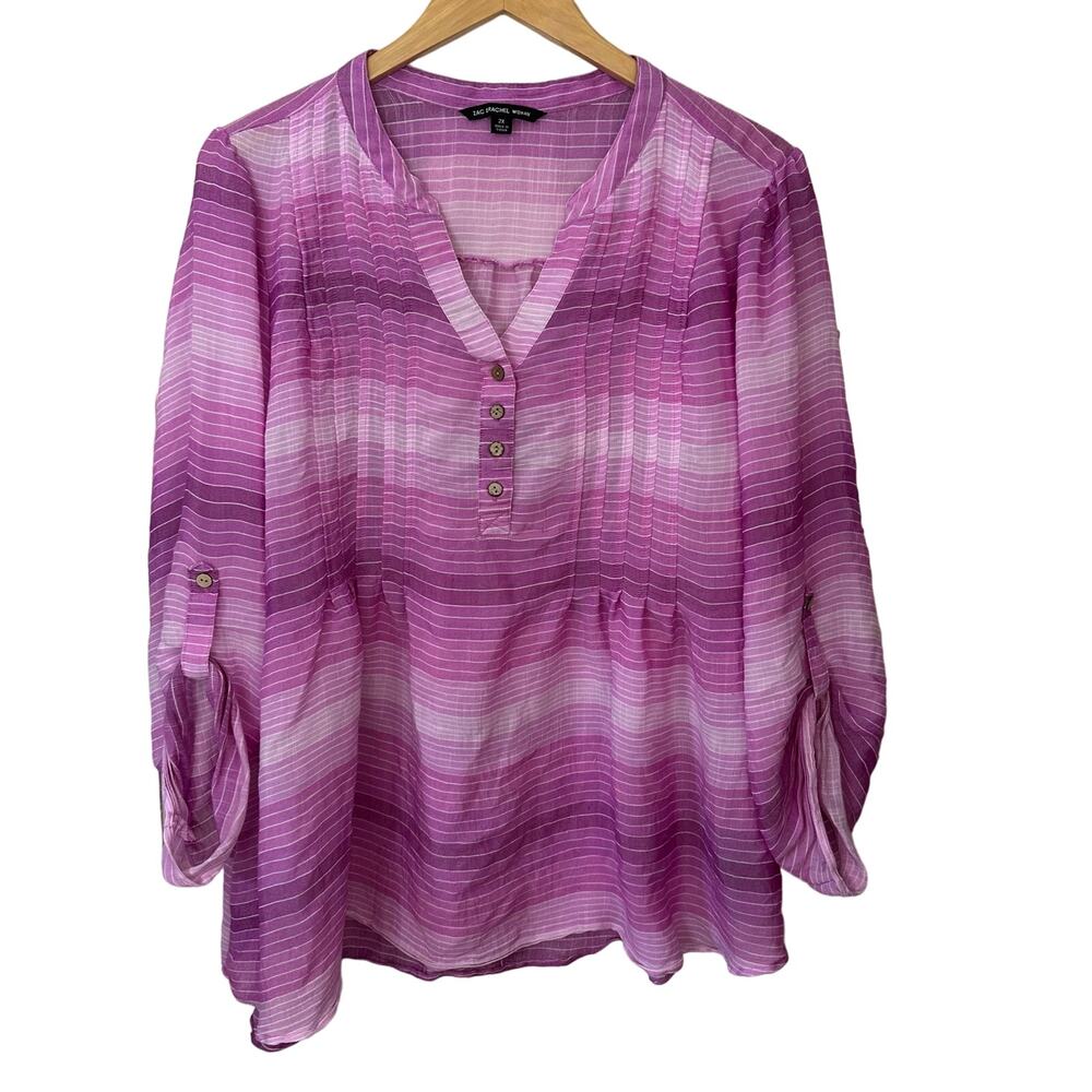 Zac & Rachel Boho Artsy Womens Top Plus 2X Purple Stripe V Neck Popover Roll Tab